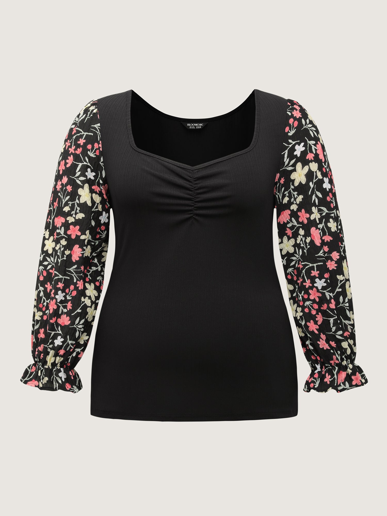 Textured Spliced Floral Sleeves Top-Sweetccc