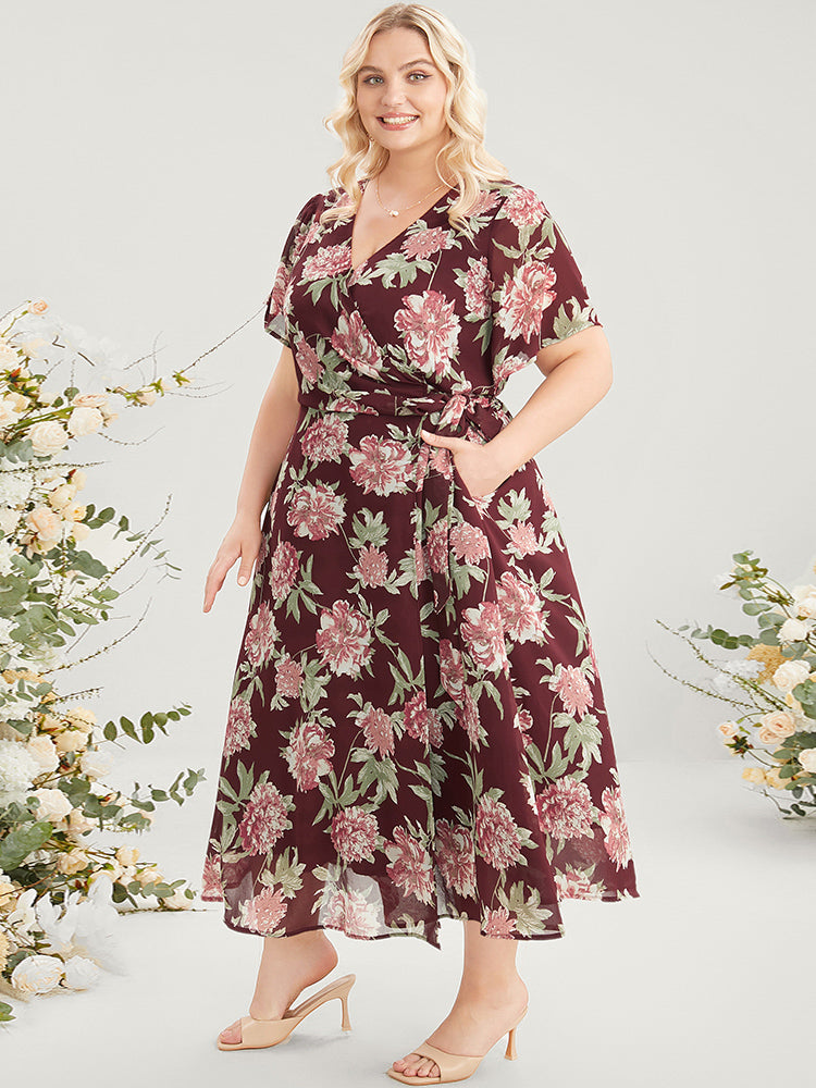 Floral Print Belted Surplice Neck Flutter Pocket Maxi Dress-Sweetccc