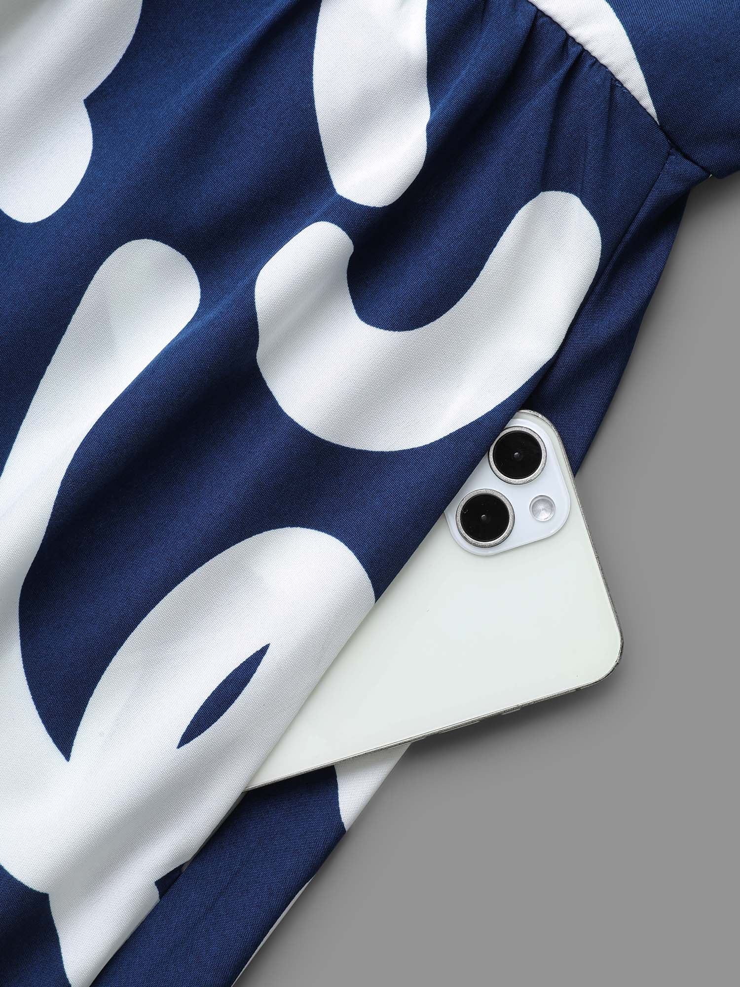 Geometric Print Shirred Pocket Dress-Sweetccc