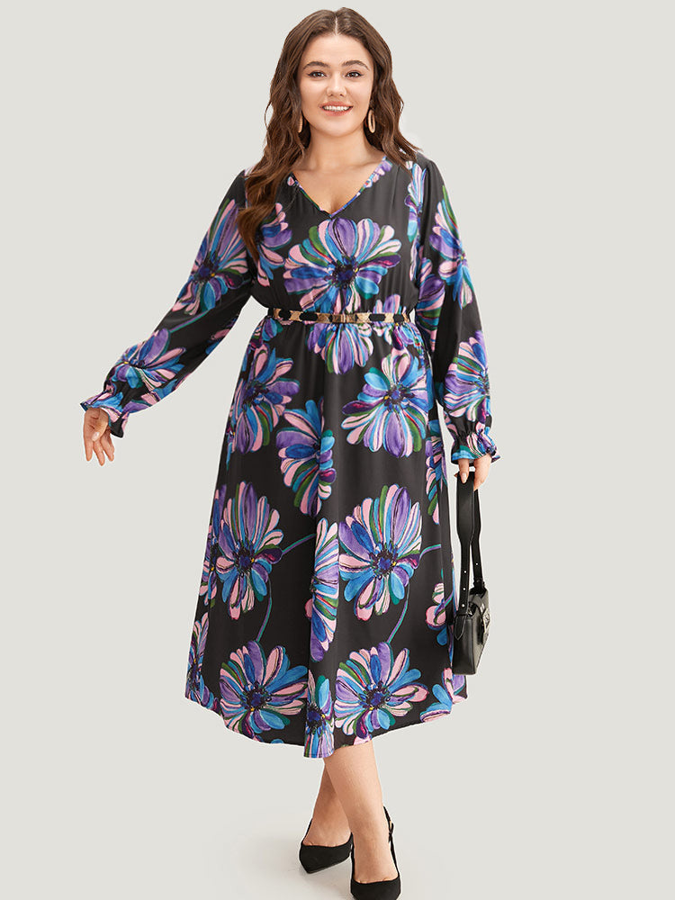 Floral Print Flutter Trim Dress-Sweetccc