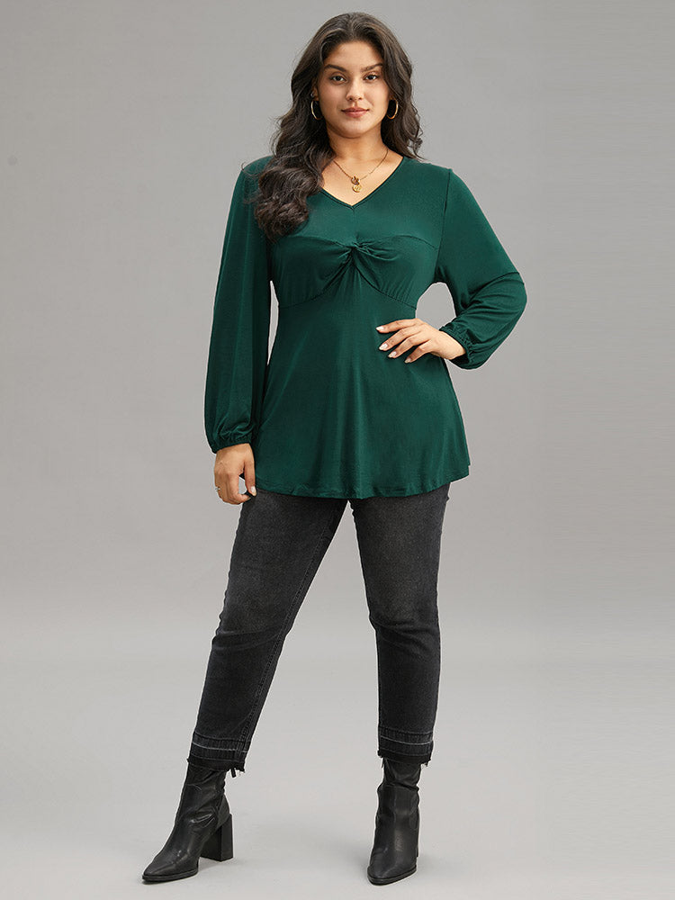 Solid Twist Front Ruched Lantern Sleeve T-shirt-Sweetccc