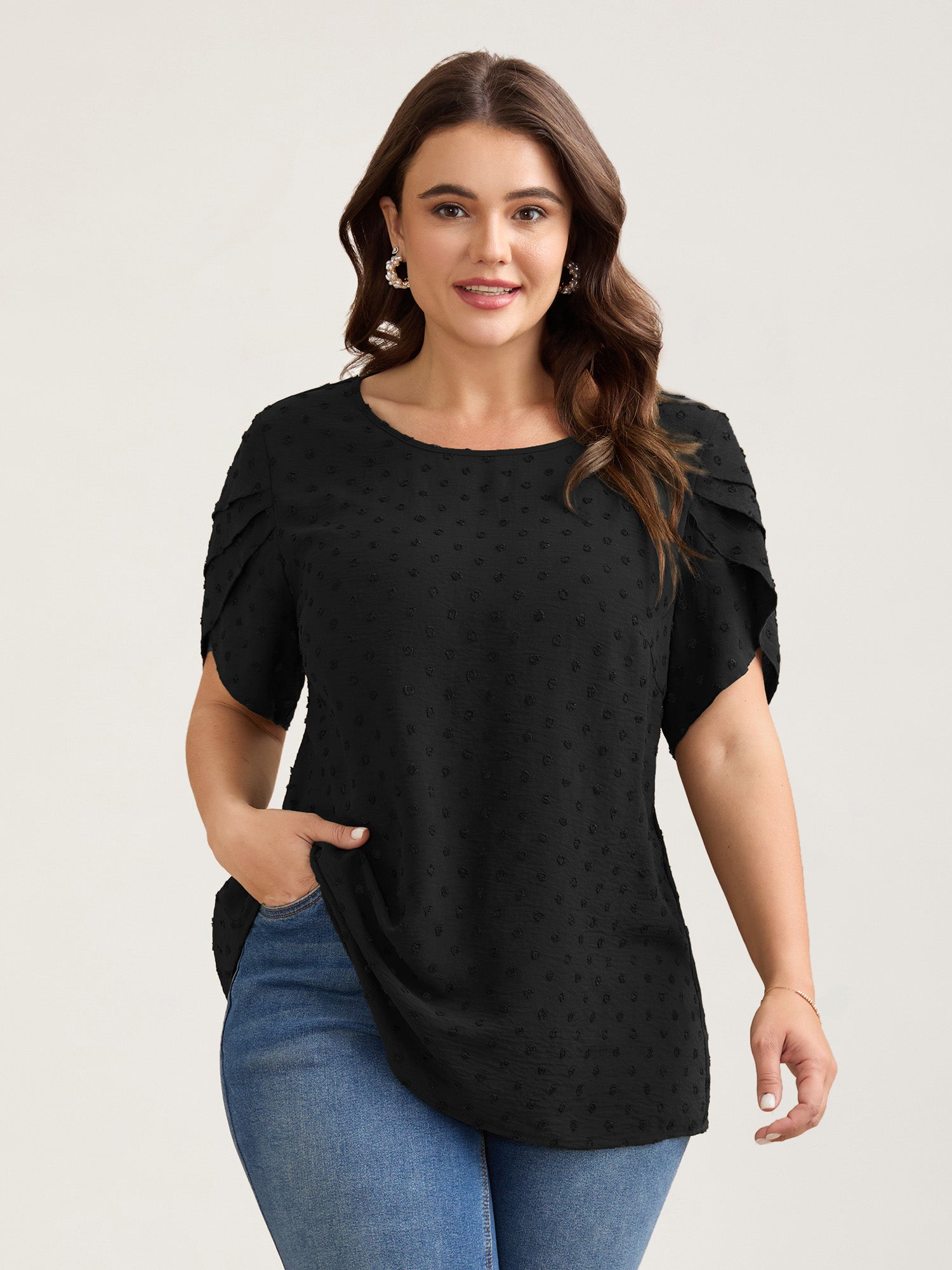 Textured Color Contrast Petal Sleeve Blouse-Sweetccc