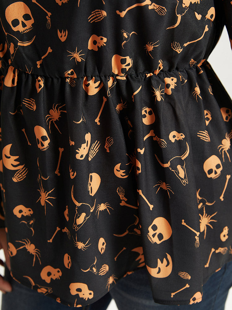Halloween Print Elastic Waist Crew Neck Lantern Sleeve Blouse-Sweetccc