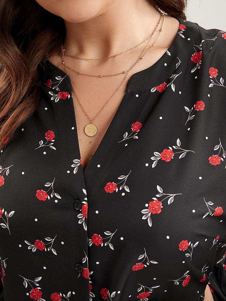 Floral Print Button Up High Low Hem Blouse-Sweetccc