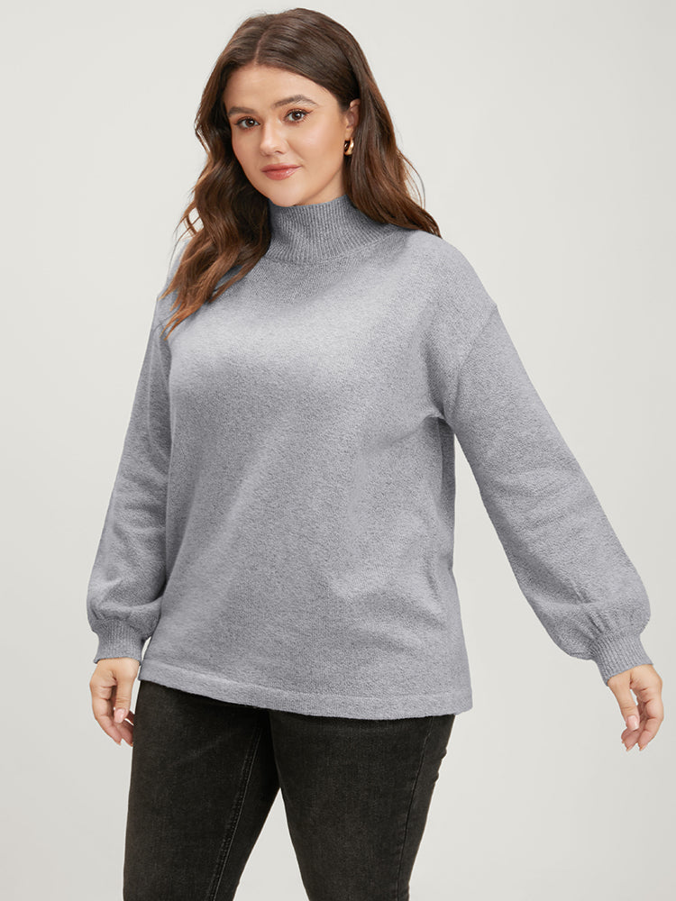 Solid Pointelle Knit Lantern Sleeve Mock Neck Heather Knit Top-Sweetccc