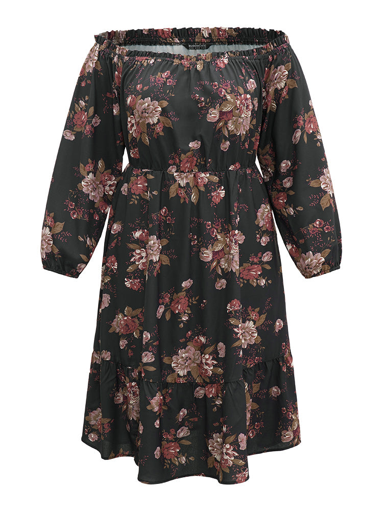 Off Shoulder Floral Frill Trim Lantern Sleeve Dress-Sweetccc