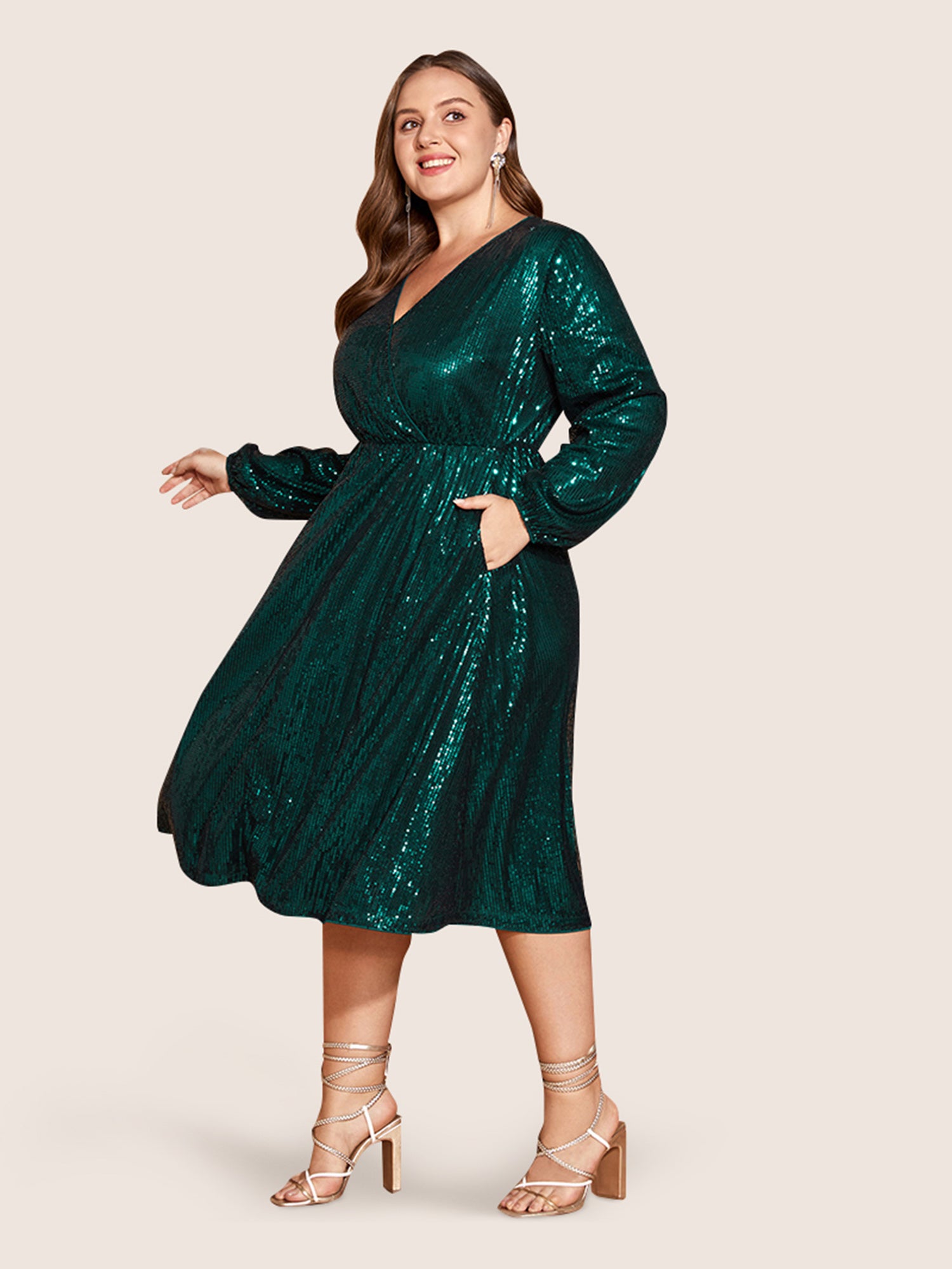 Solid Pocket Lantern Sleeve Wrap Sequin Dress-Sweetccc