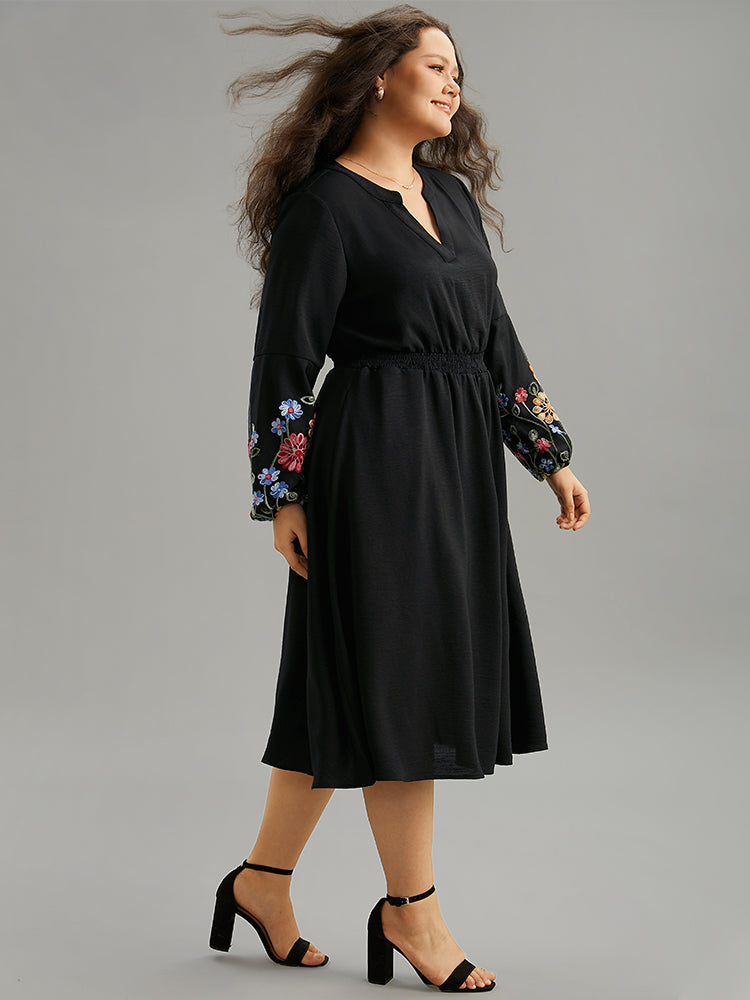 Floral Embroidered Notched Midi Dress-Sweetccc