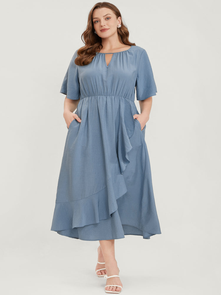 Solid Keyhole Round Neck Pocket Ruffle Trim Rib Knit Dress-Sweetccc