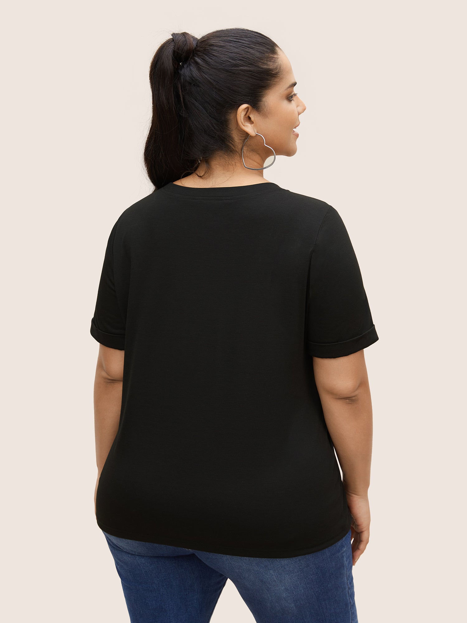 Star Embroidered Patch Round Neck T-shirt-Sweetccc