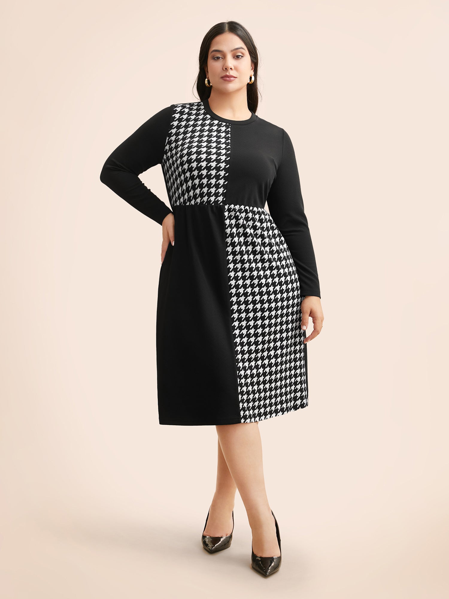 Houndstooth Patchwork Elastic Waist Dress-Sweetccc