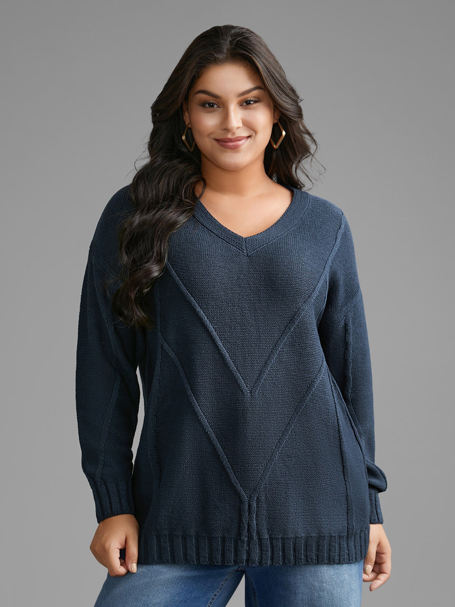 V Neck Cable Knit Texture Pullover-Sweetccc