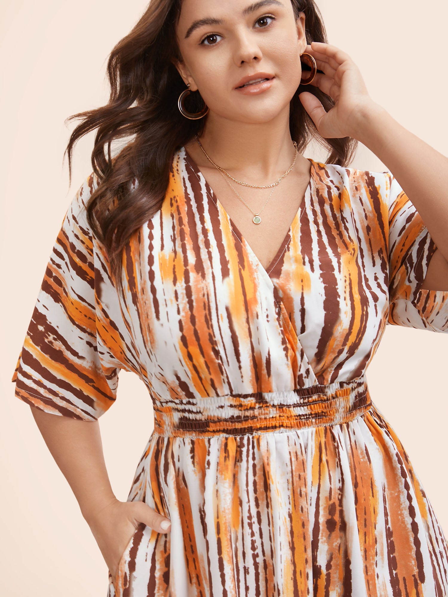 Striped Overlap Collar Shirred Maxi Dress-Sweetccc