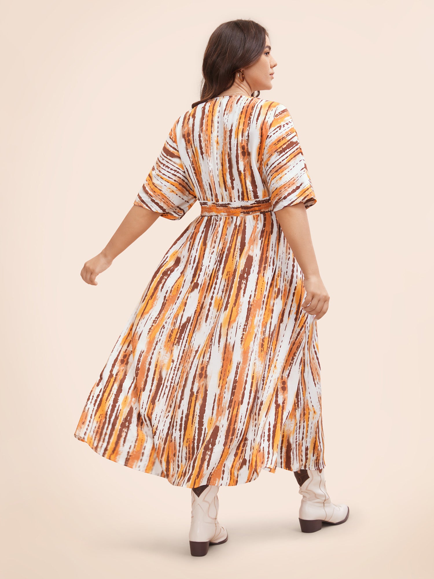 Striped Overlap Collar Shirred Maxi Dress-Sweetccc