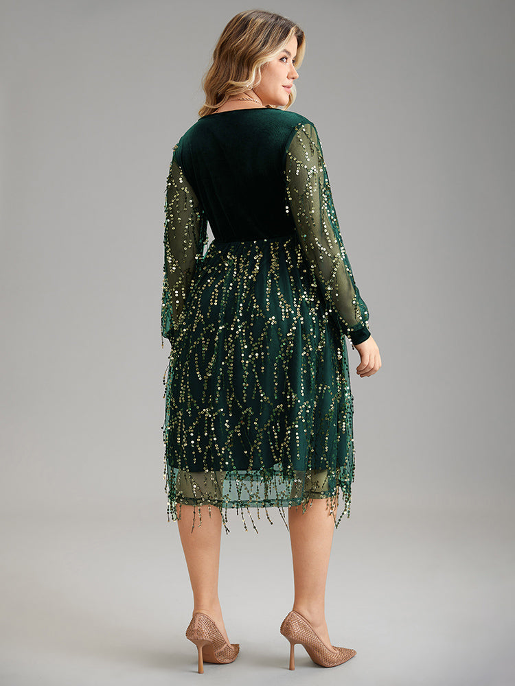 Velvet Sequin Tassels Mesh Surplice Neck Dress-Sweetccc
