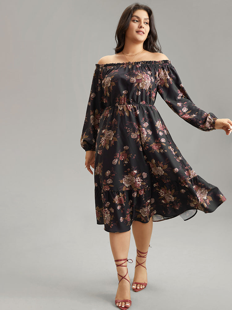 Off Shoulder Floral Frill Trim Lantern Sleeve Dress-Sweetccc