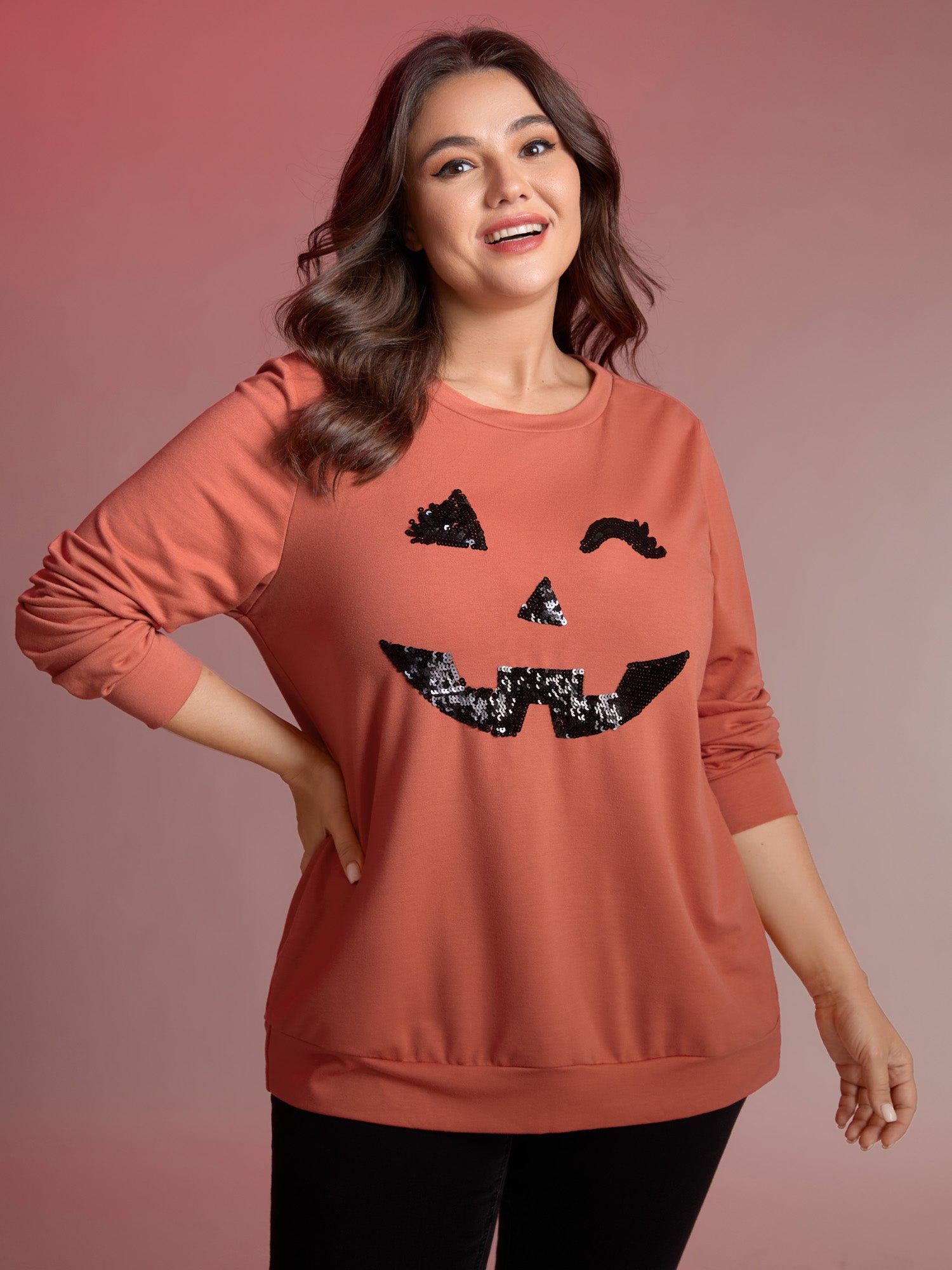 Supersoft Pumpkin Spice Sequin Embroidery Sweatshirt-Sweetccc