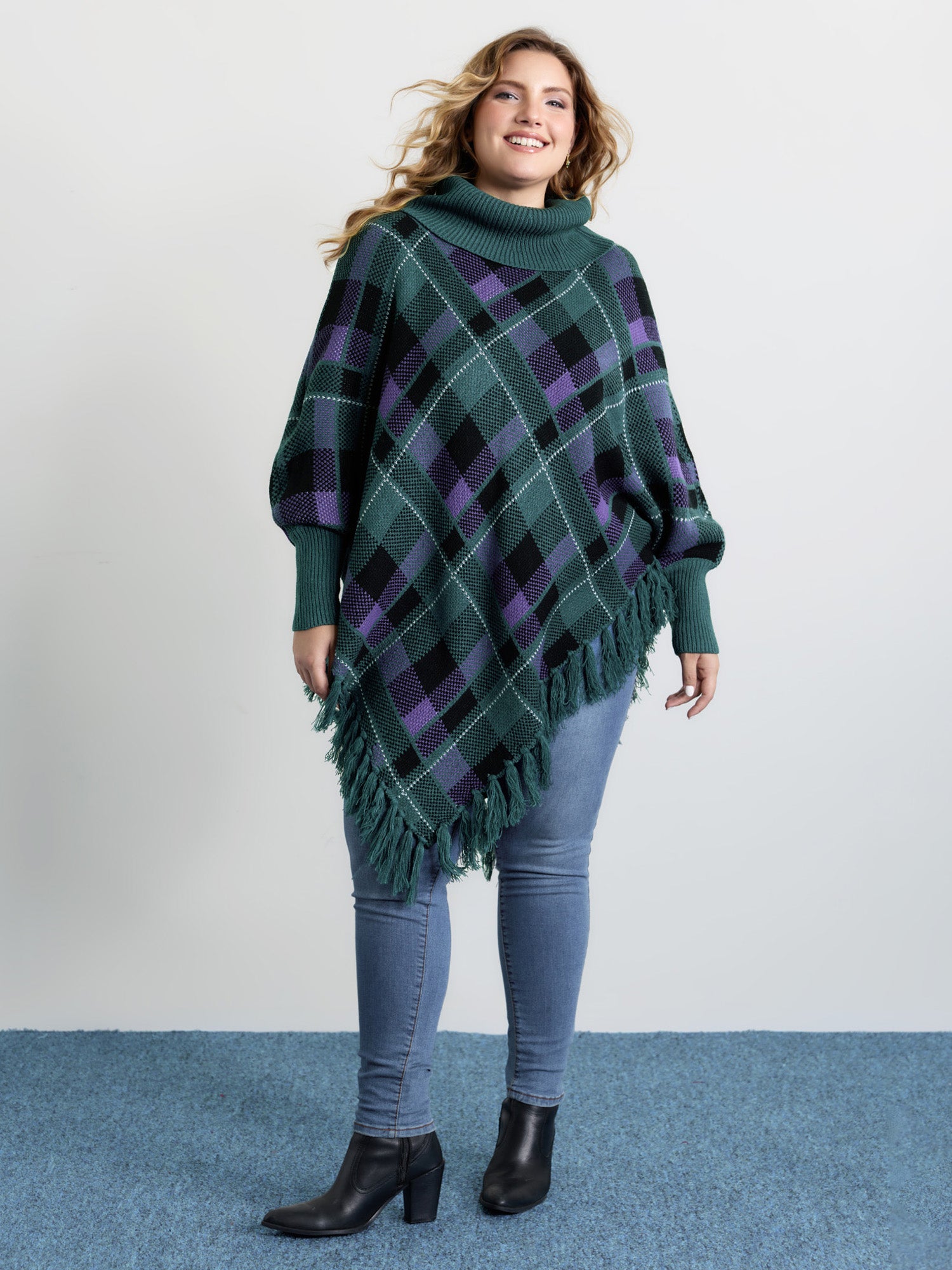 Holiday Plaid Turtleneck Fringe Hem Pullover-Sweetccc