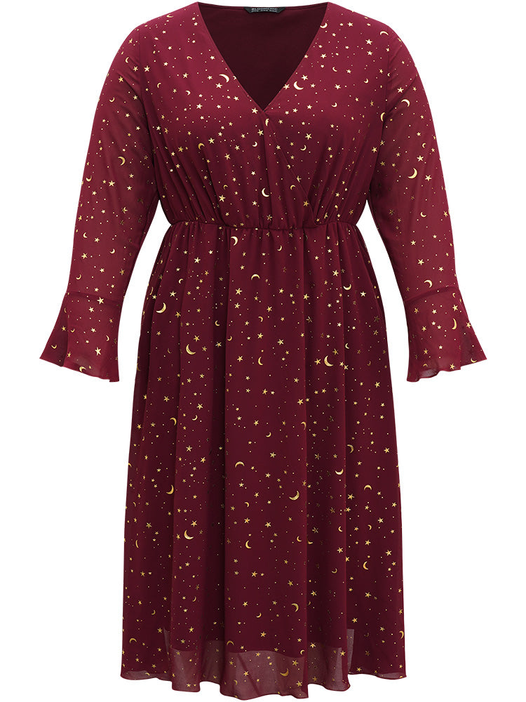 Moon & Star Glitter Surplice Neck Bell Sleeve Dress-Sweetccc
