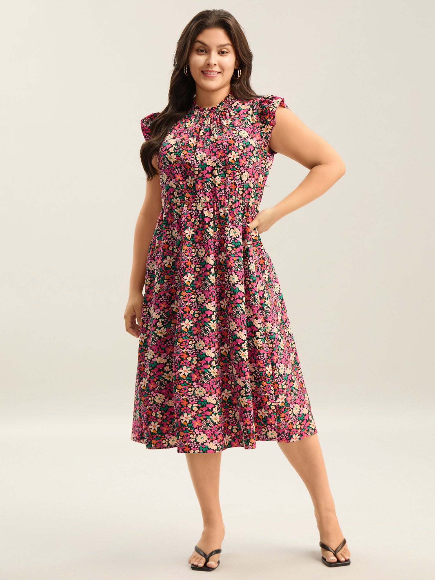 Floral Print Shirred Pockets Midi Dress-Sweetccc