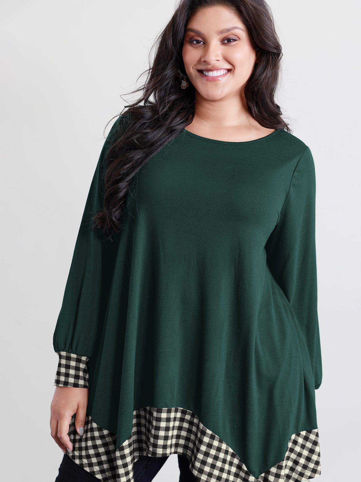 Supersoft Stretchy Checkered Asymmetrical Hem T-Shirt-Sweetccc