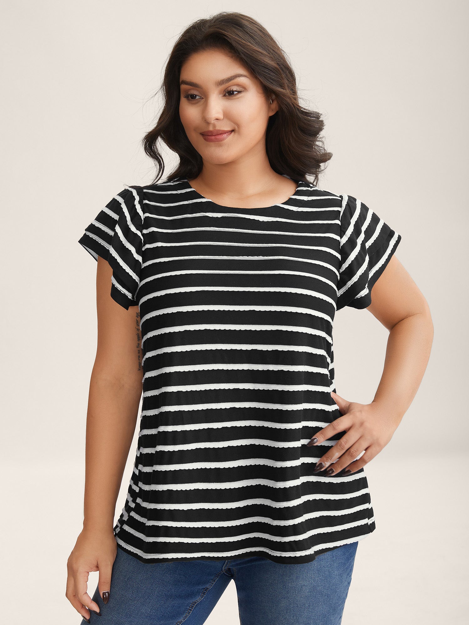 Stripe Textured Lotus Leaf Sleeve T-Shirt-Sweetccc