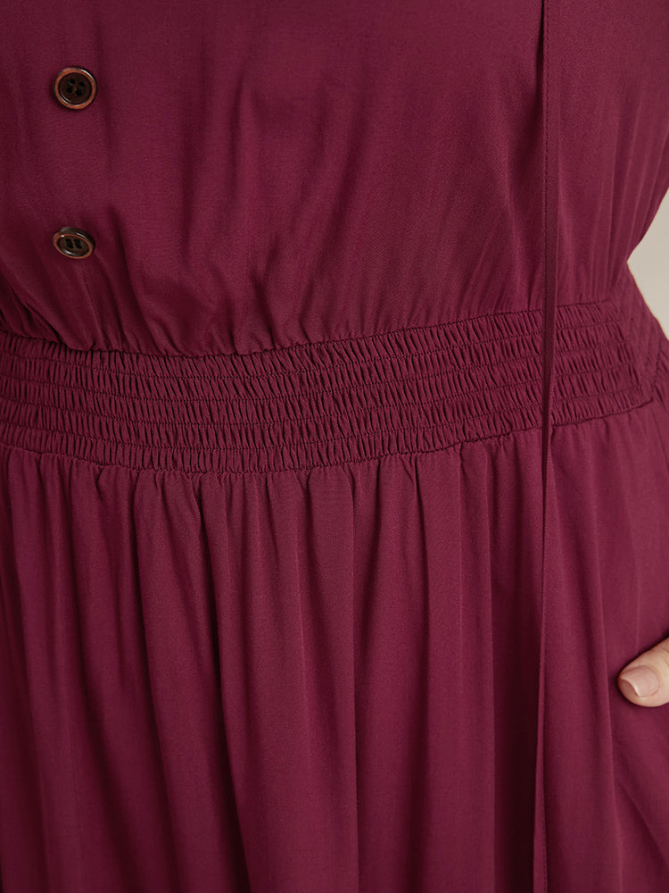 Solid Pocket Button Detail Tie Neck Shirred Ruffles Dress-Sweetccc
