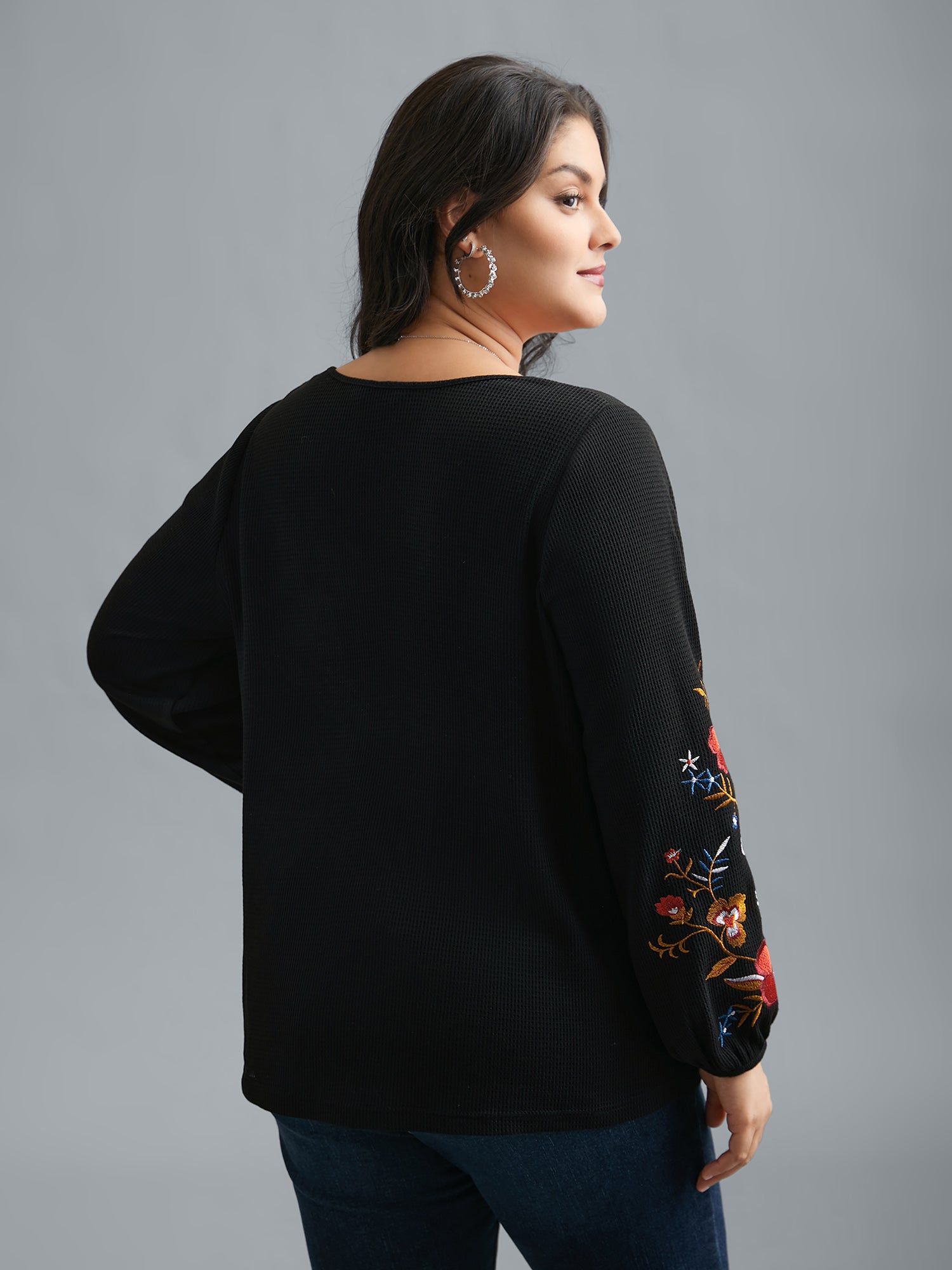 Waffle Knit Floral Embroidered Top-Sweetccc