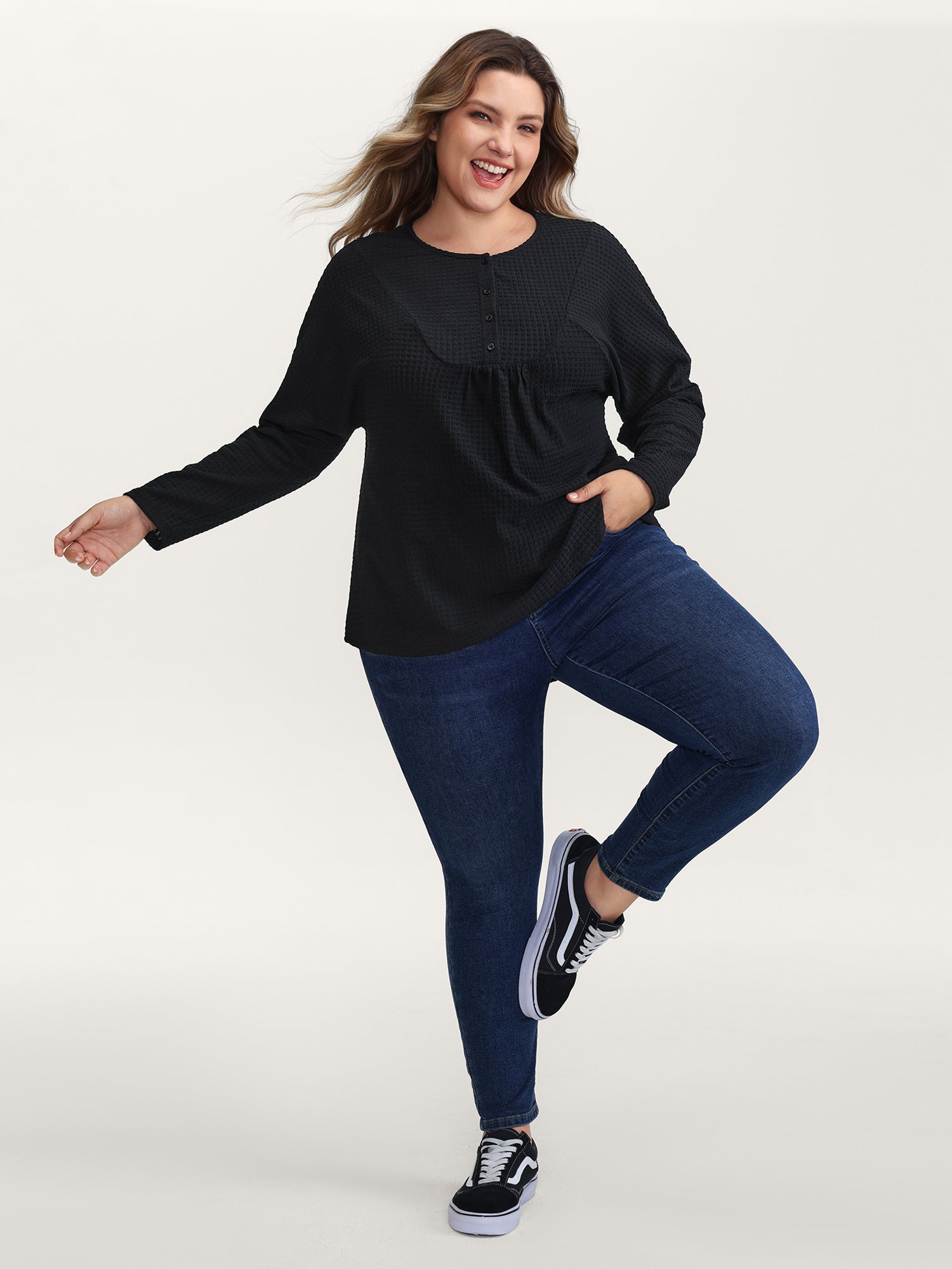 Textured Button Placket Knit Top-Sweetccc