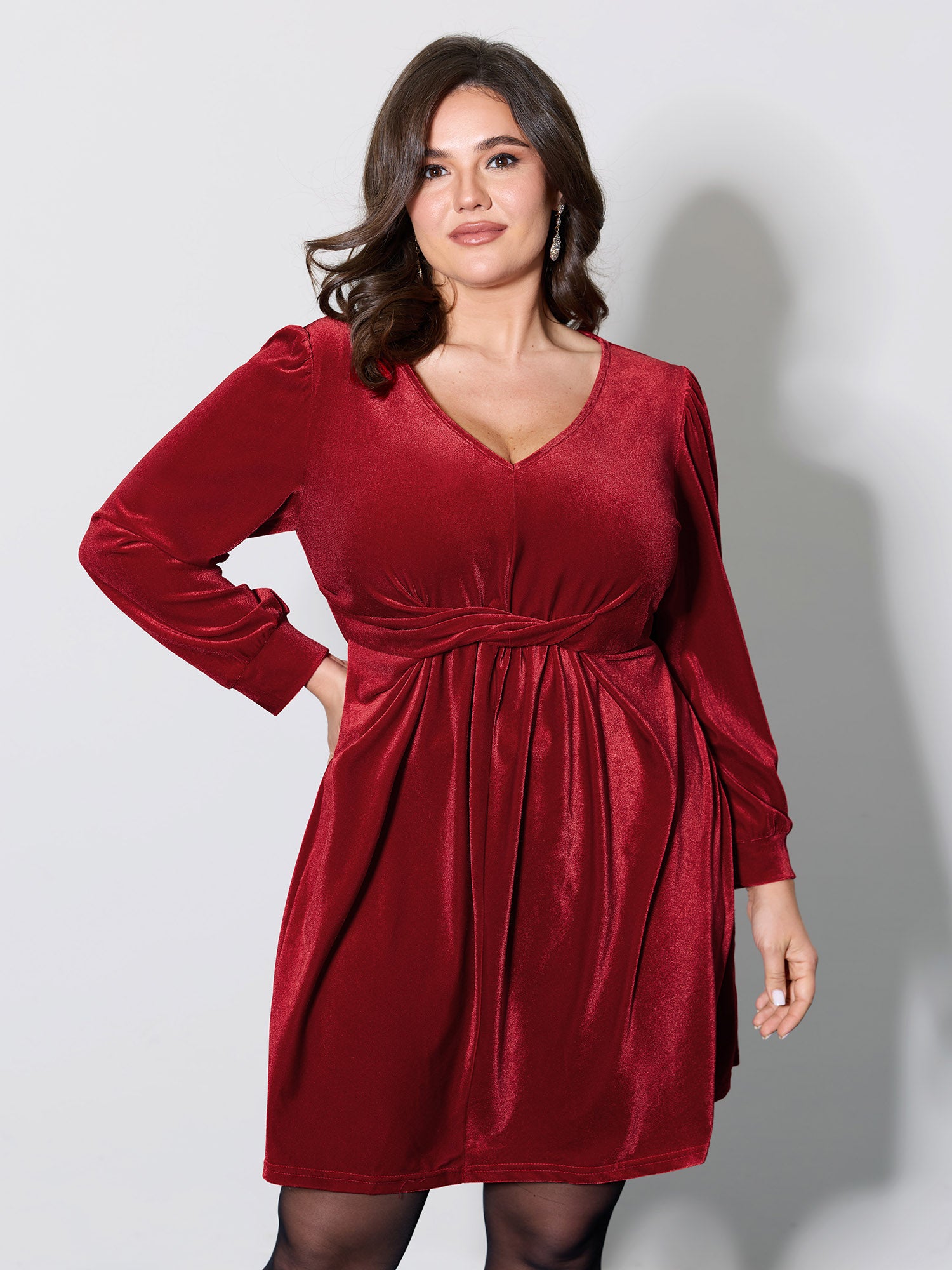 Velvet Twisted Waist Stretchy Knee-Length Dress-Sweetccc