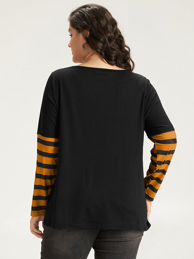 Halloween Striped & Skull Print Patchwork T-shirt-Sweetccc