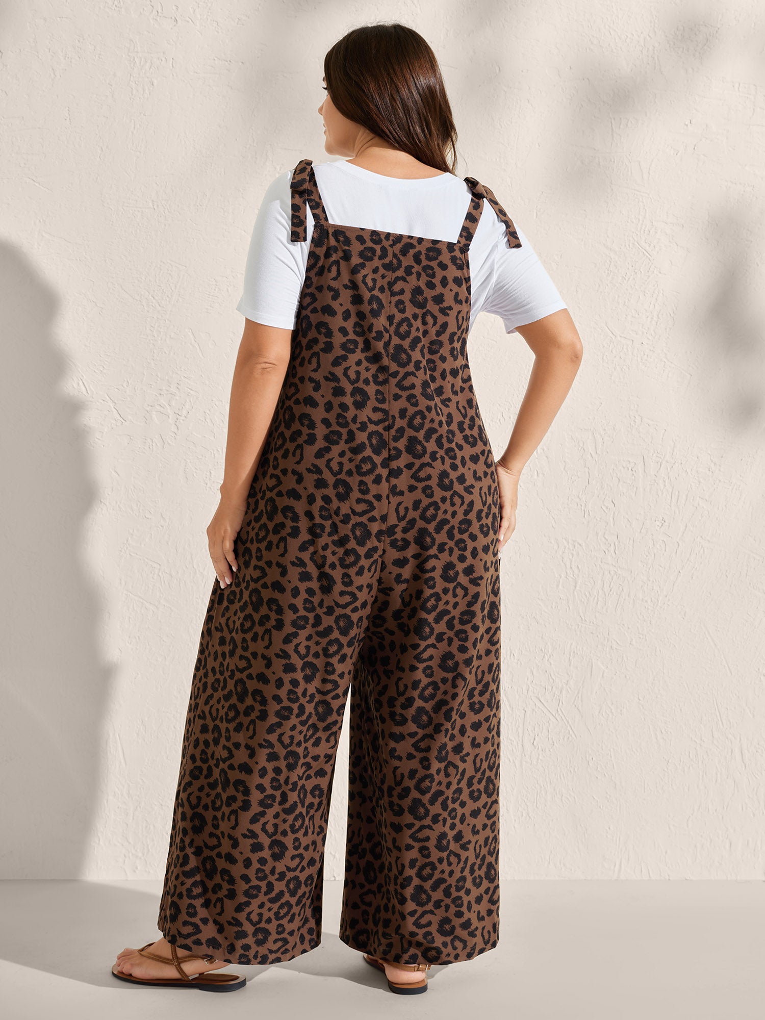 Leopard Print Shirred Shoulder Ties Jumpsuit-Sweetccc