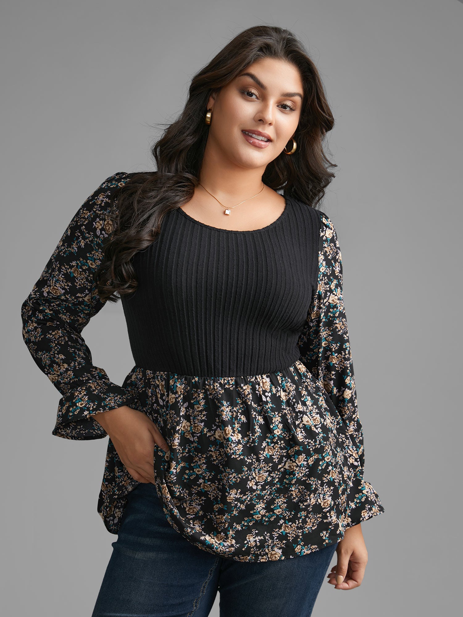 Floral Patchwork Gathered Texture Top-Sweetccc