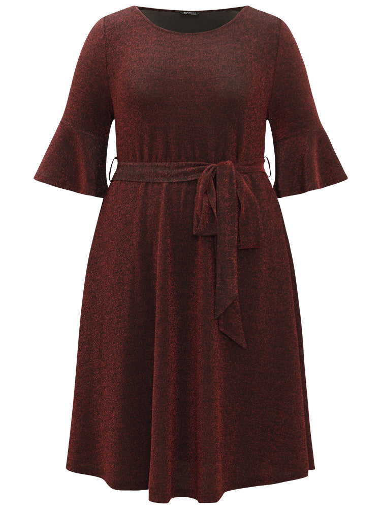 Lurex Belted Flutter Sleeve Dress-Sweetccc