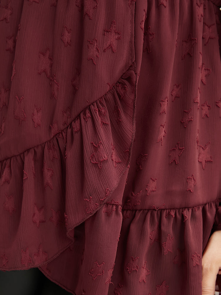 Star Mesh Lantern Sleeve Surplice Neck Ruffle Hem Blouse-Sweetccc