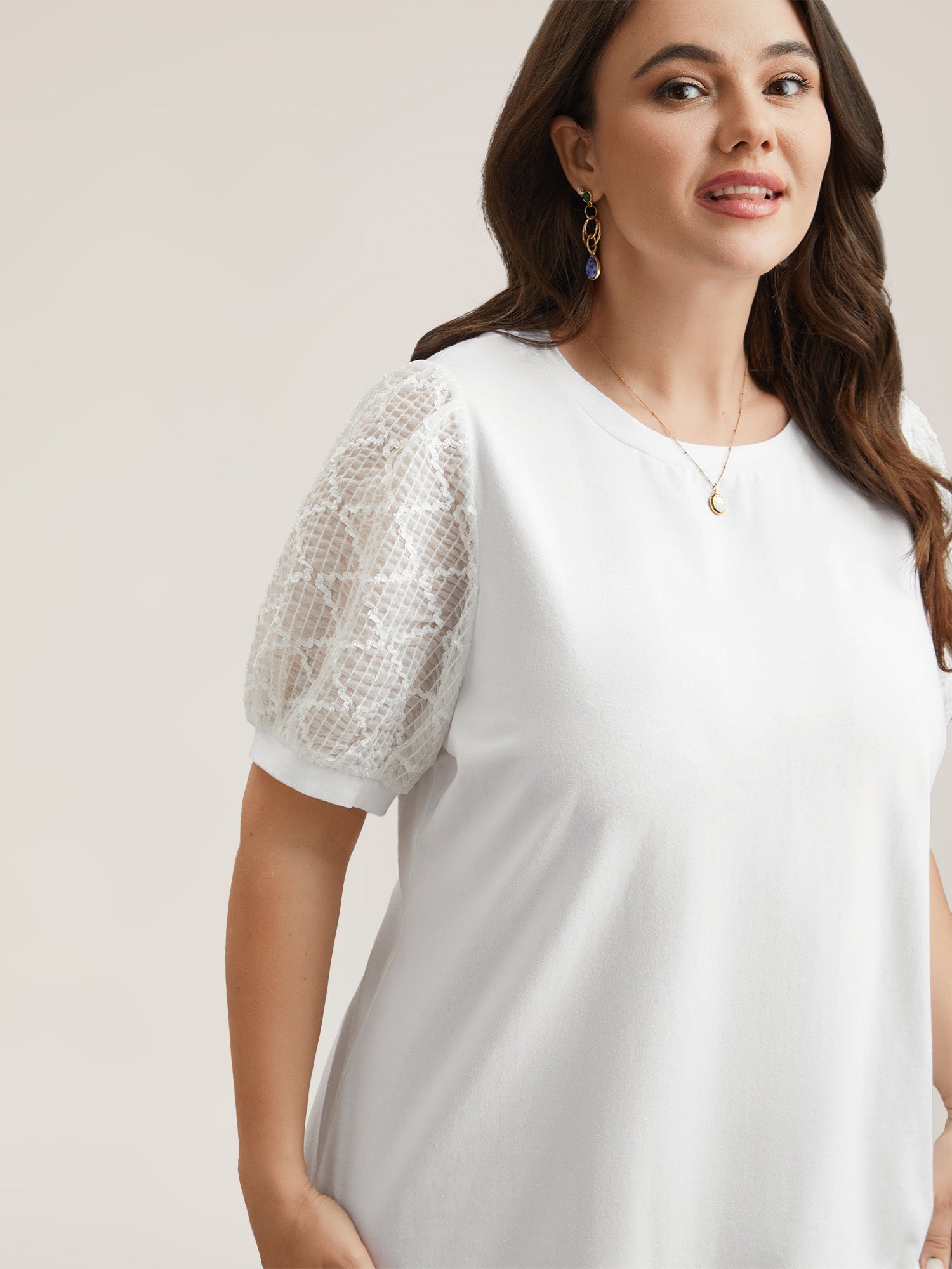 Textured Bubble Lantern Sleeve T-Shirt-Sweetccc