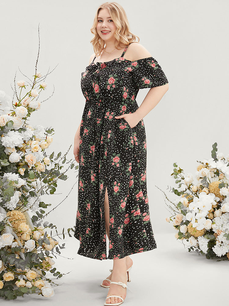 Floral & Polka Dot Ruffle Trim Pocket Cold Shoulder Split Dress-Sweetccc
