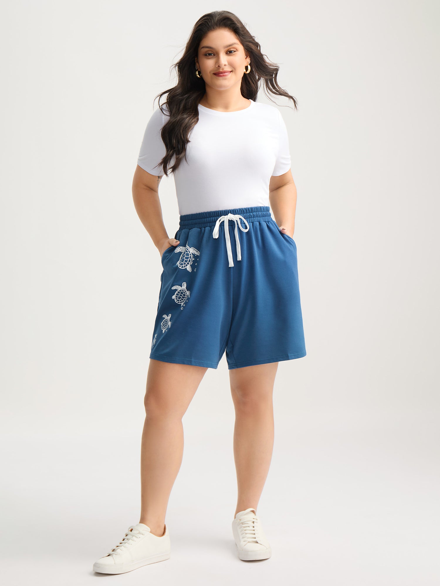 Turtle Print Drawstring Straight-Leg Shorts-Sweetccc