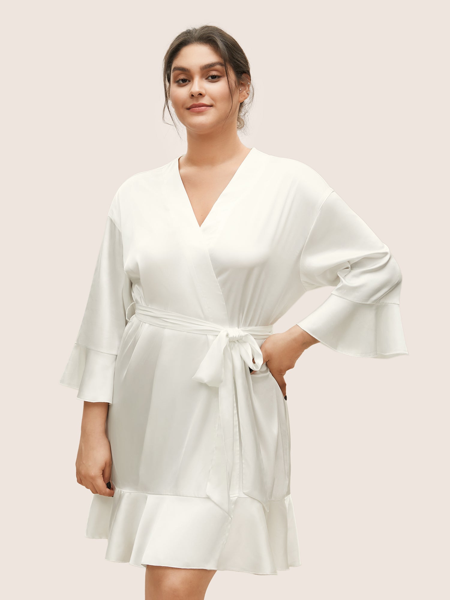 Solid Rhinestone Flutter Sleeve Belted Robe-Sweetccc