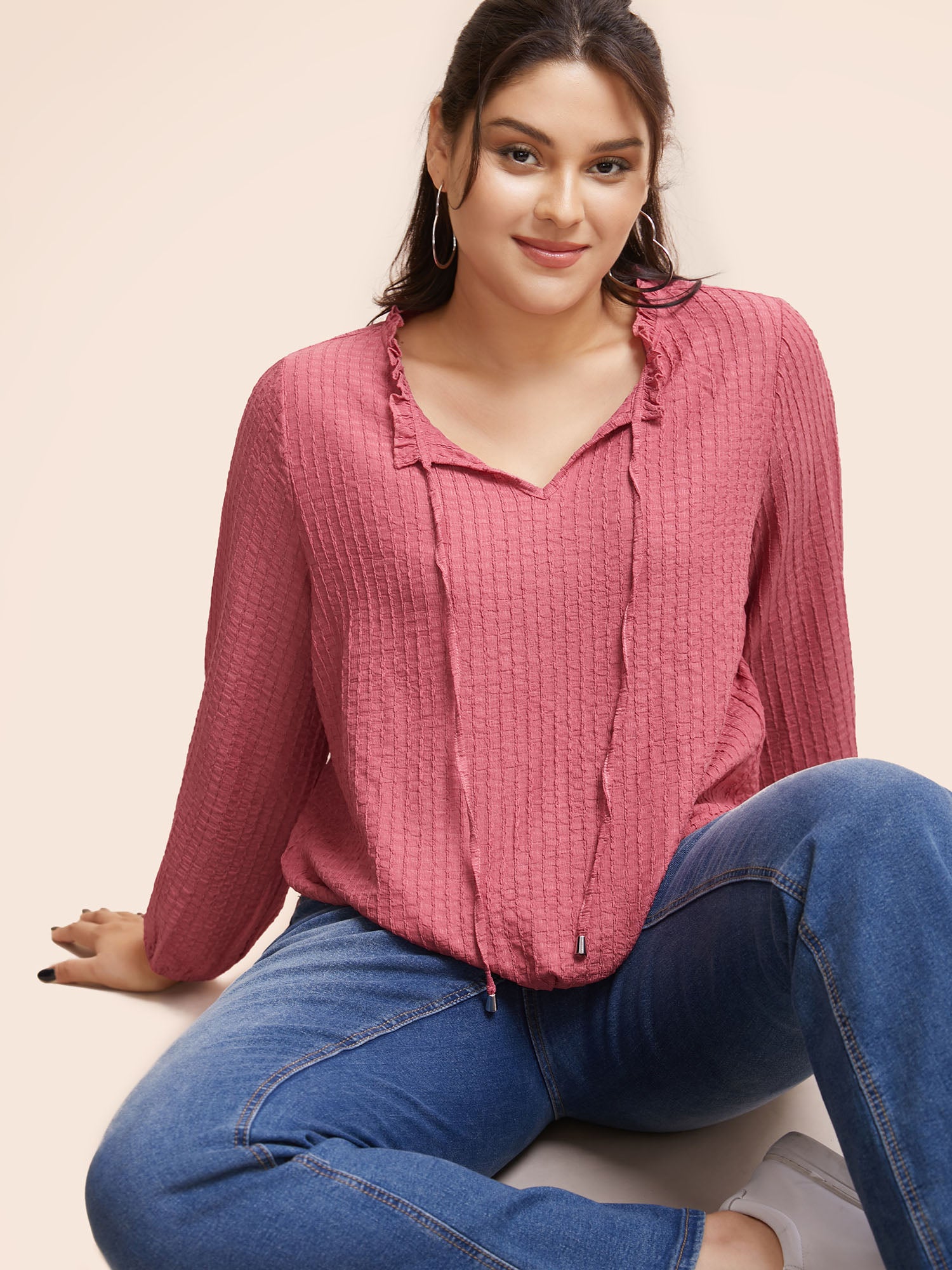 Textured Tie Knot Lantern Sleeve T-shirt-Sweetccc