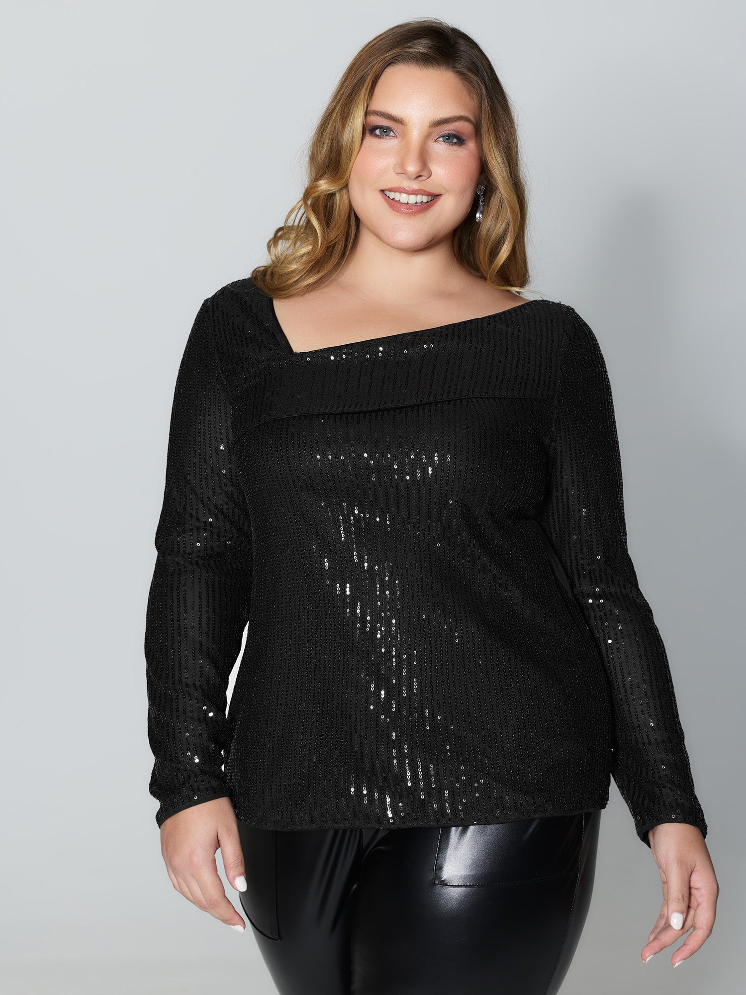 Sparkly Sequin Asymmetrical Neckline Blouse-Sweetccc