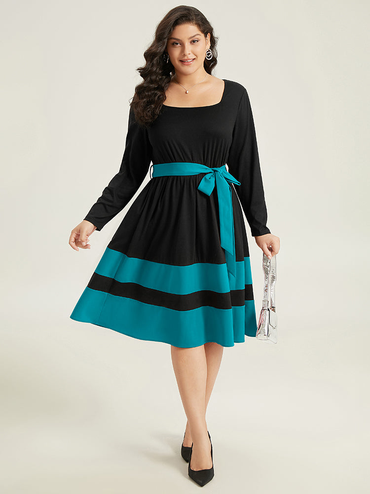 Two Tone Belted Bowknot Square Neck Dress-Sweetccc