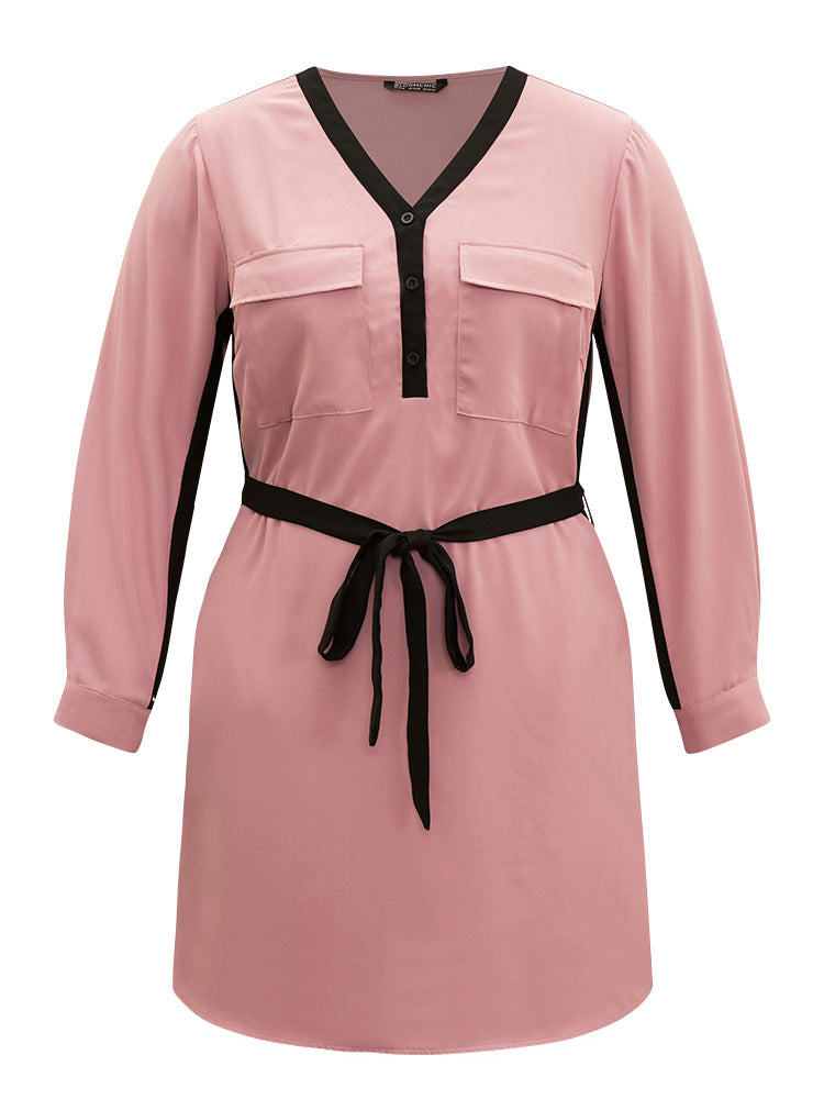 Twill Two Tone Metal Button Up Belted Dress-Sweetccc