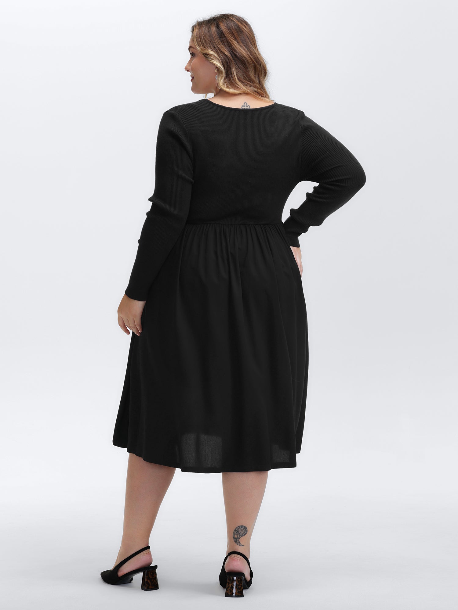 V-Neck Patchwork Plain Sweater Dress-Sweetccc