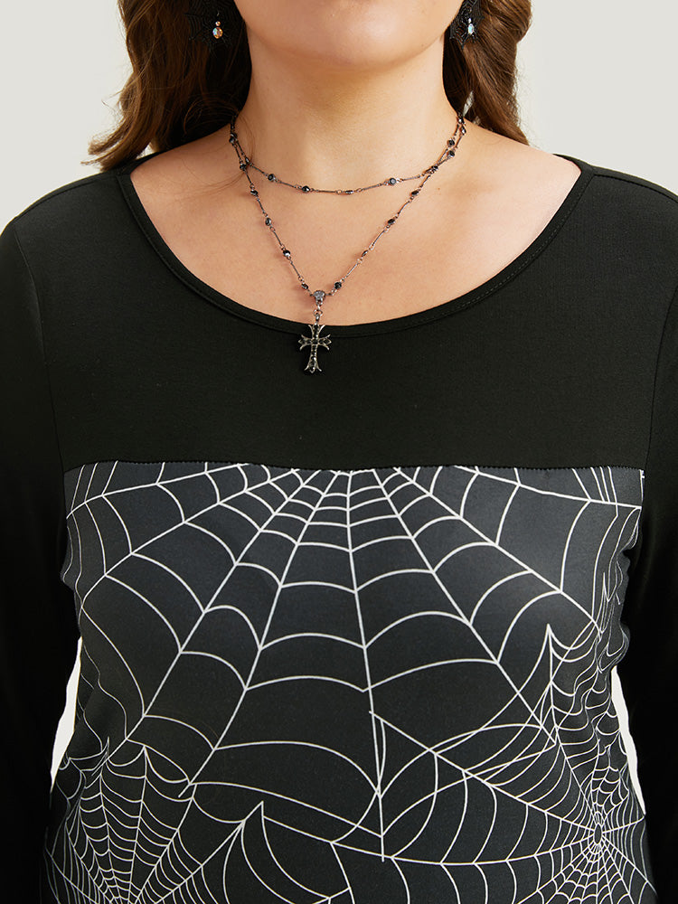 Halloween Spider Web Patchwork Crew Neck Dress-Sweetccc