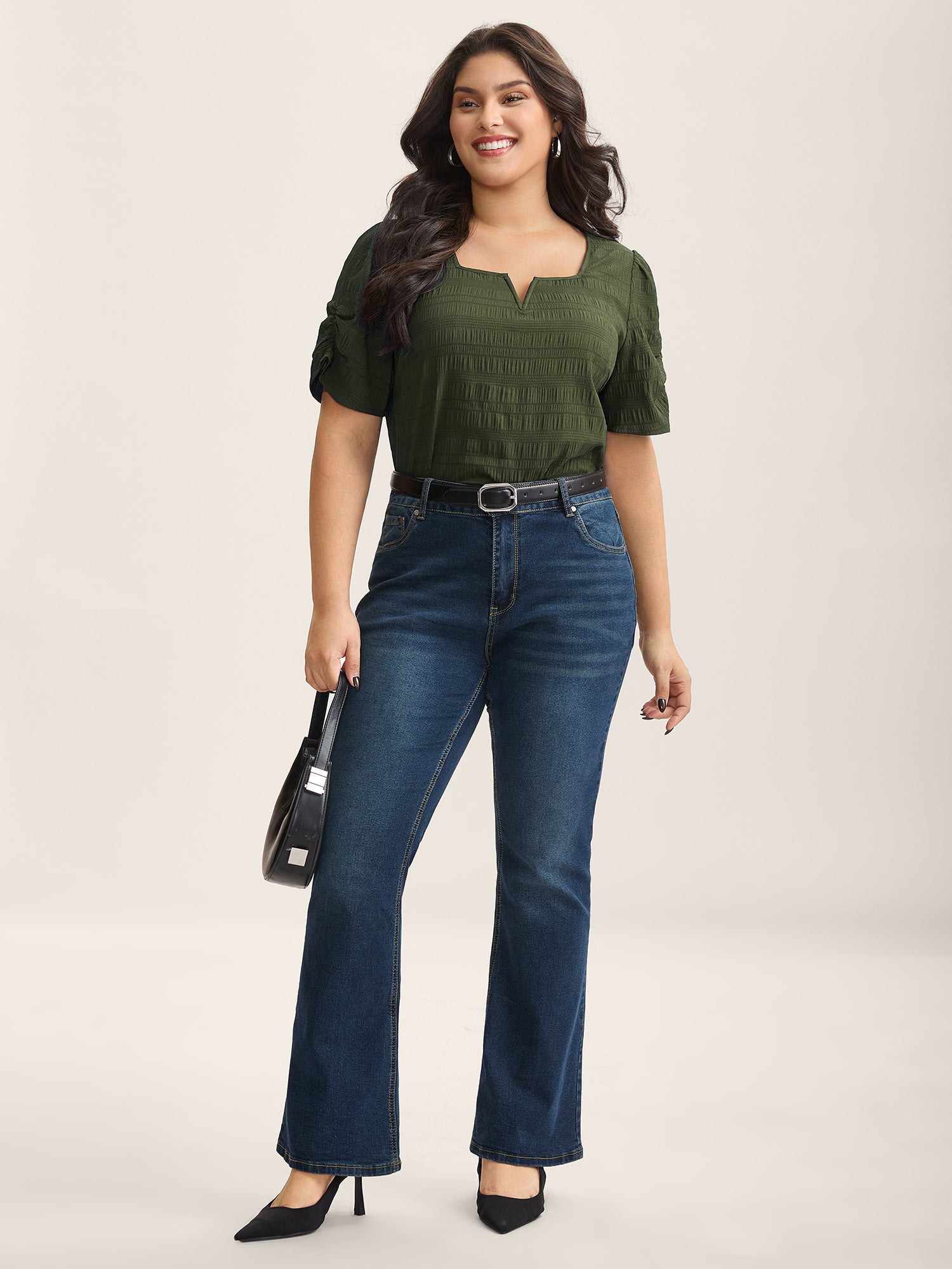 Textured Gathered Sleeve Split Neck Blouse-Sweetccc