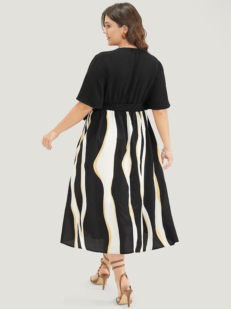 Striped Patchwork Ruffle Sleeve Pocket Belted Keyhole Dress-Sweetccc