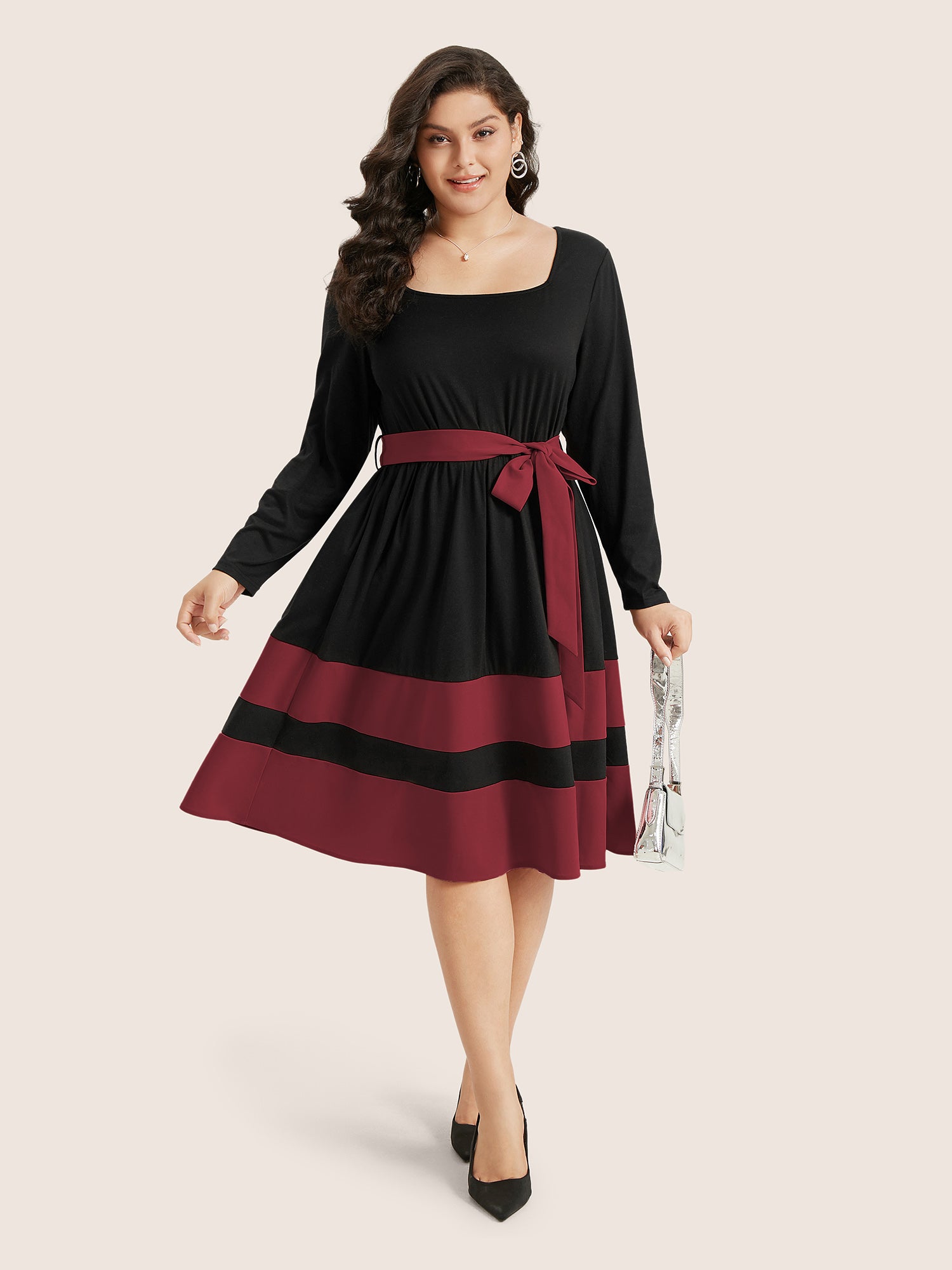 Two Tone Belted Bowknot Square Neck Dress-Sweetccc