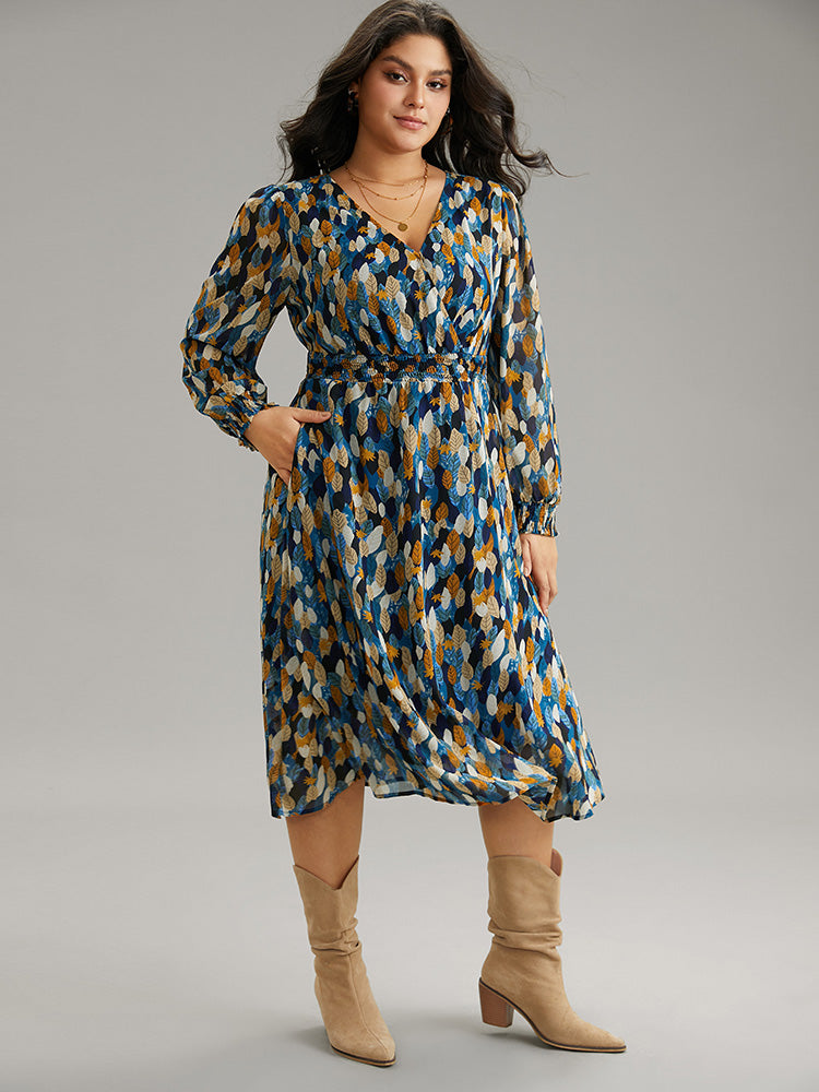Overlap Collar Feather Shirred Pocket Dress-Sweetccc