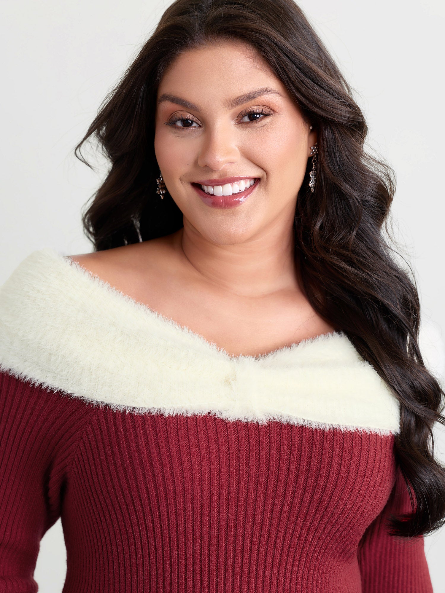 Fuzzy Off-Shoulder Color Block Sweater Dress-Sweetccc